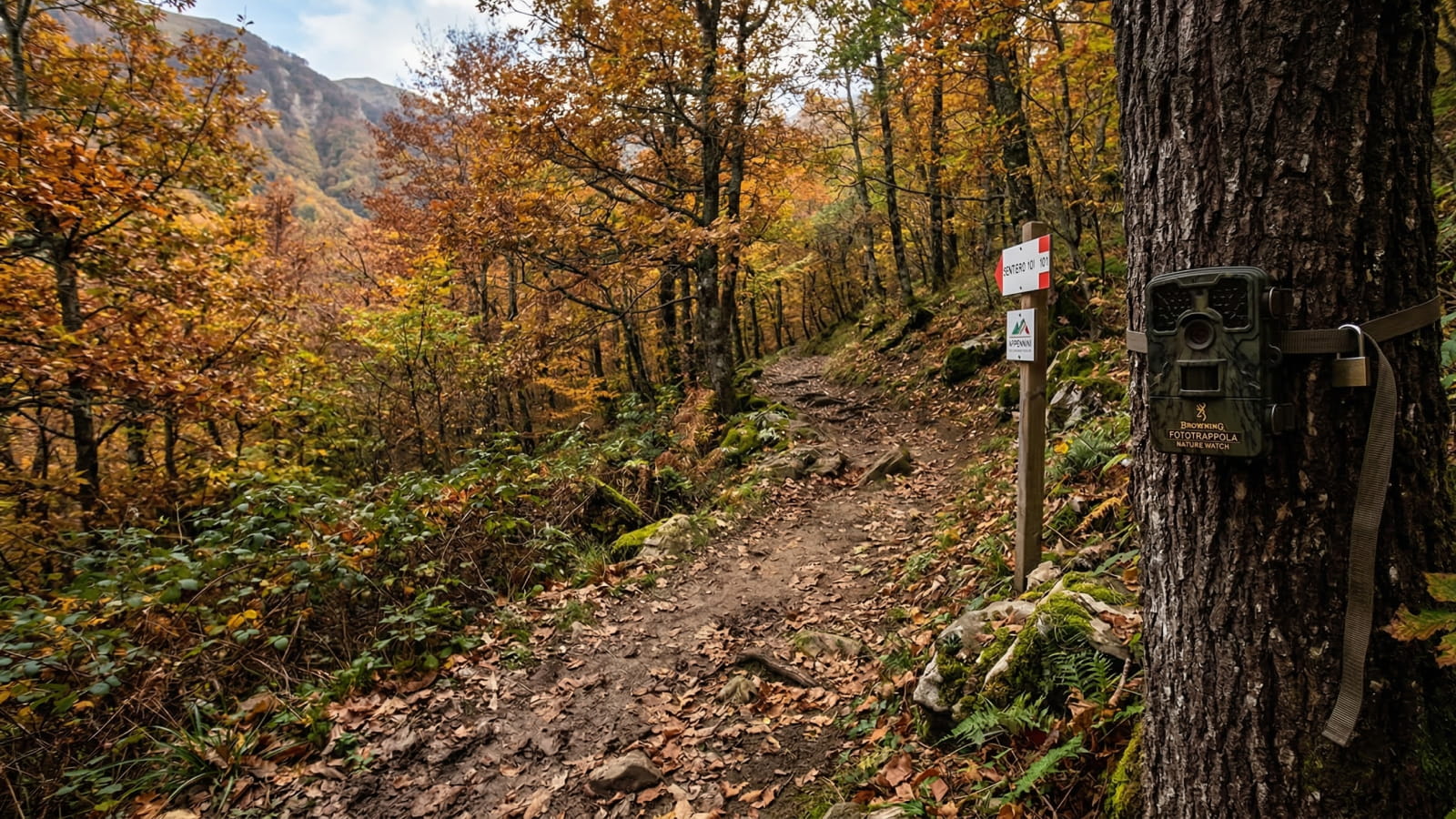Fototrappola posizionata su un tronco nel bosco a 60-80 cm da terra per il monitoraggio fauna